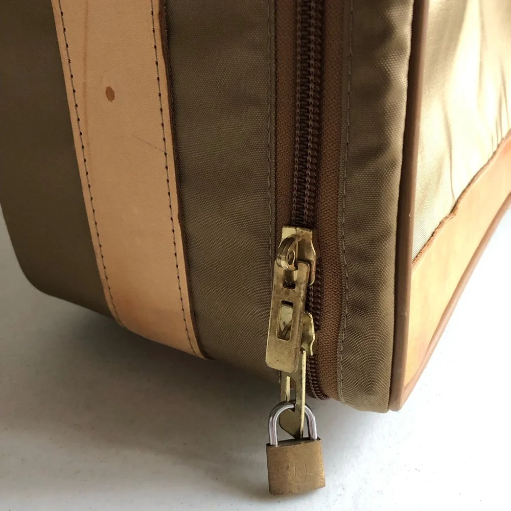 Vintage Hartmann Nylon Suitcase w/Outside Pocket In Olive w/Tan Leather Trim